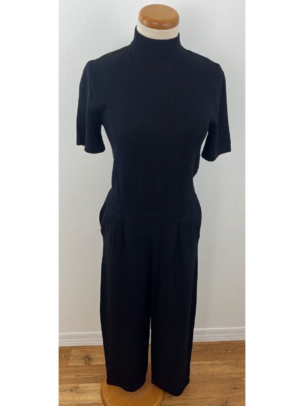 St. John Santana Knit Jumpsuit One Piece Romper Black Gold Buttons Women's 6